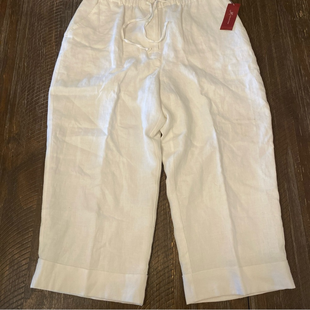 JM Collection White Lined 100% Linen Cuffed with Button Capris Size 16